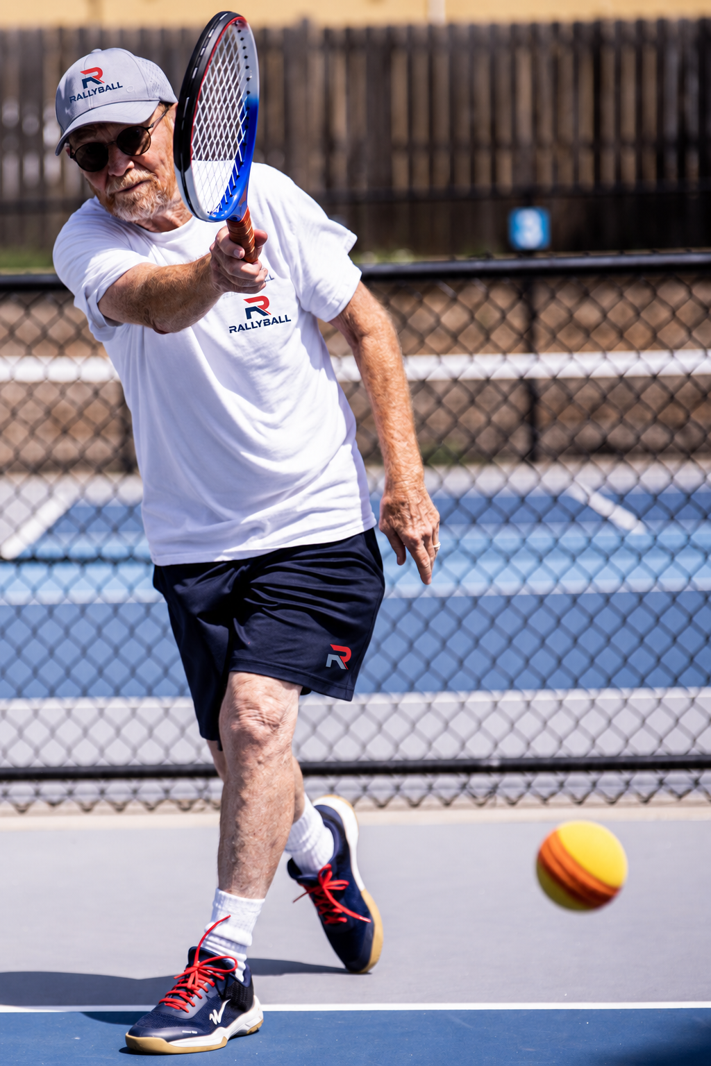 Front-facing RALLYBALL action with the ball coming toward the viewer